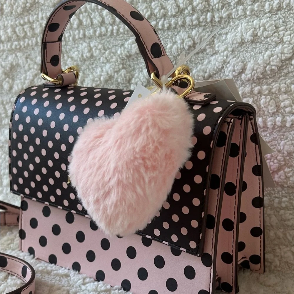 Betsey Johnson Polka Dot Bow Top Handle Crossbody Purse w/ Fluffy Pink Heart - Picture 5 of 5